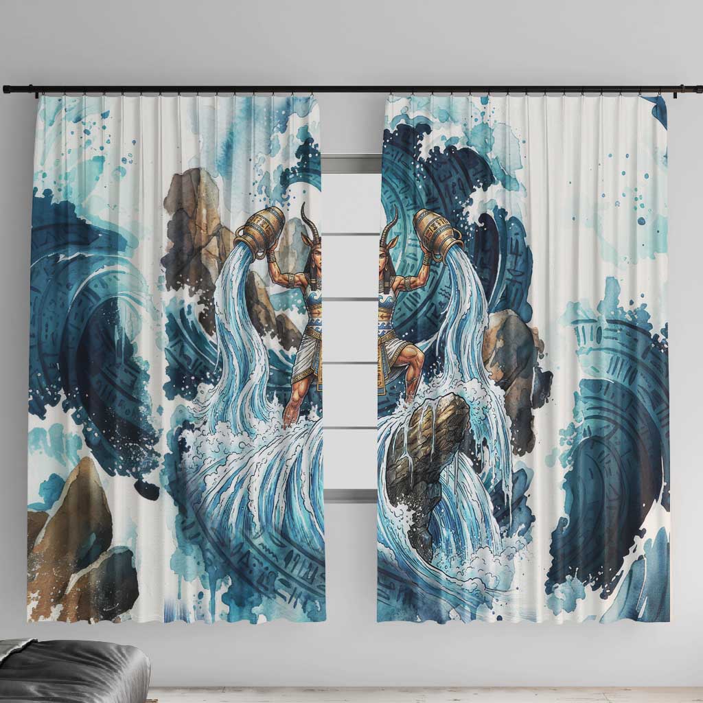 Satis Water Torrent Window Curtain with Egyptian Flood Symbolism in Oceanic Blue Tones