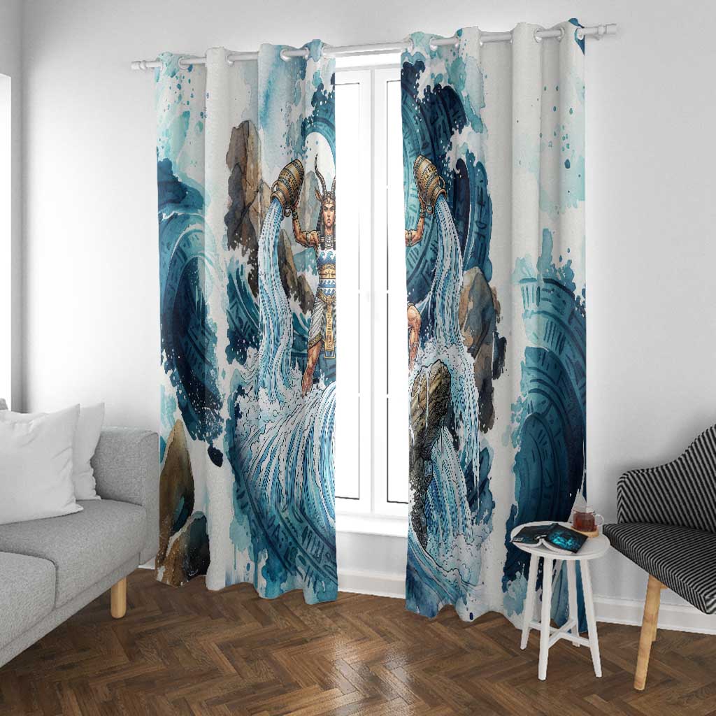 Satis Water Torrent Window Curtain with Egyptian Flood Symbolism in Oceanic Blue Tones