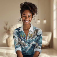 Satis Water Torrent Women Casual Shirt with Egyptian Flood Symbolism in Oceanic Blue Tones