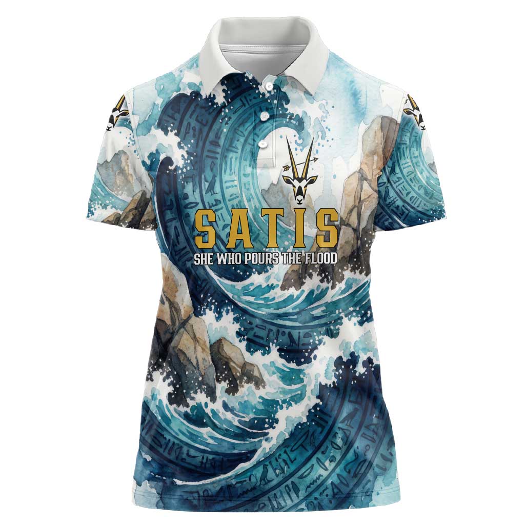 Satis Water Torrent Women Polo Shirt with Egyptian Flood Symbolism in Oceanic Blue Tones