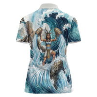 Satis Water Torrent Women Polo Shirt with Egyptian Flood Symbolism in Oceanic Blue Tones