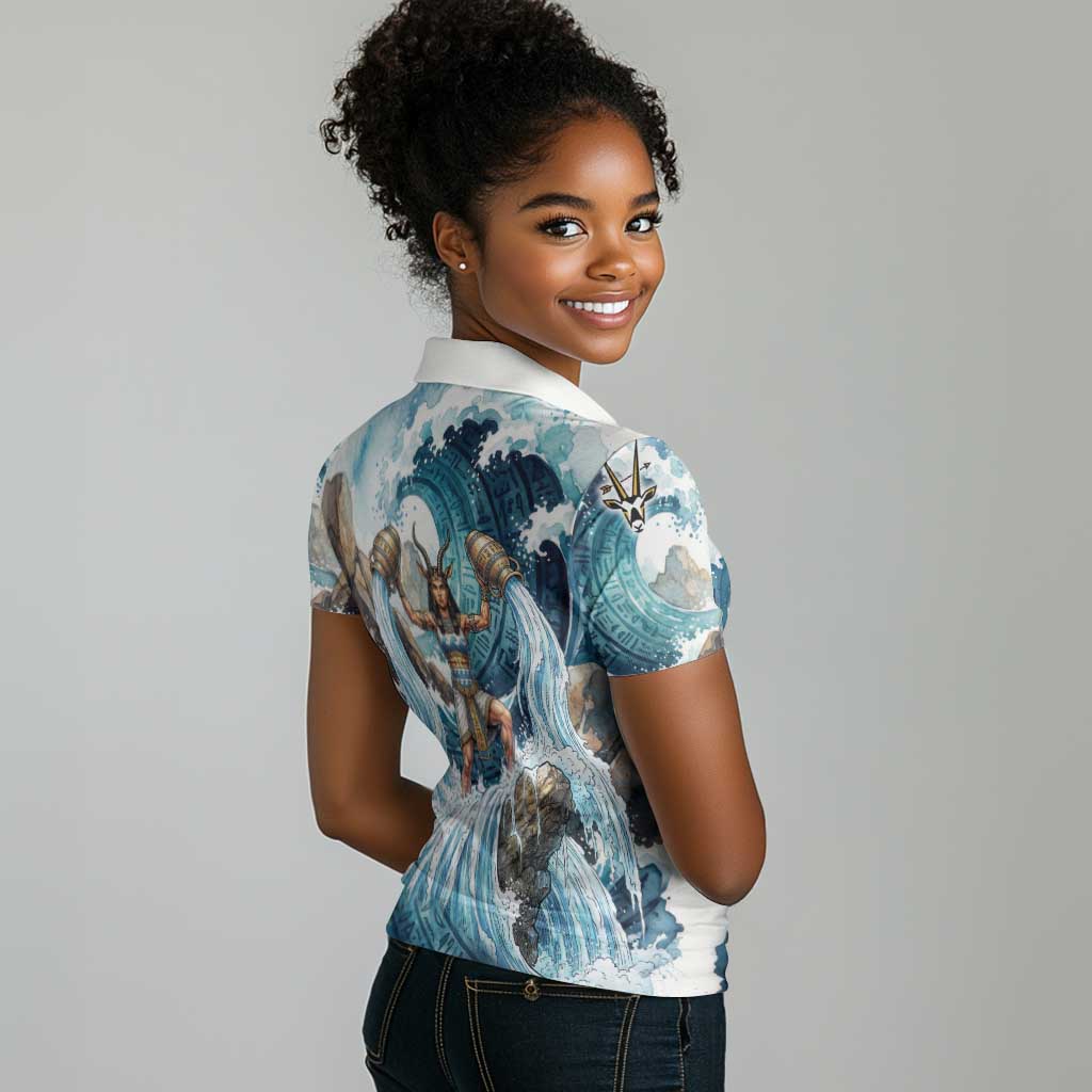 Satis Water Torrent Women Polo Shirt with Egyptian Flood Symbolism in Oceanic Blue Tones