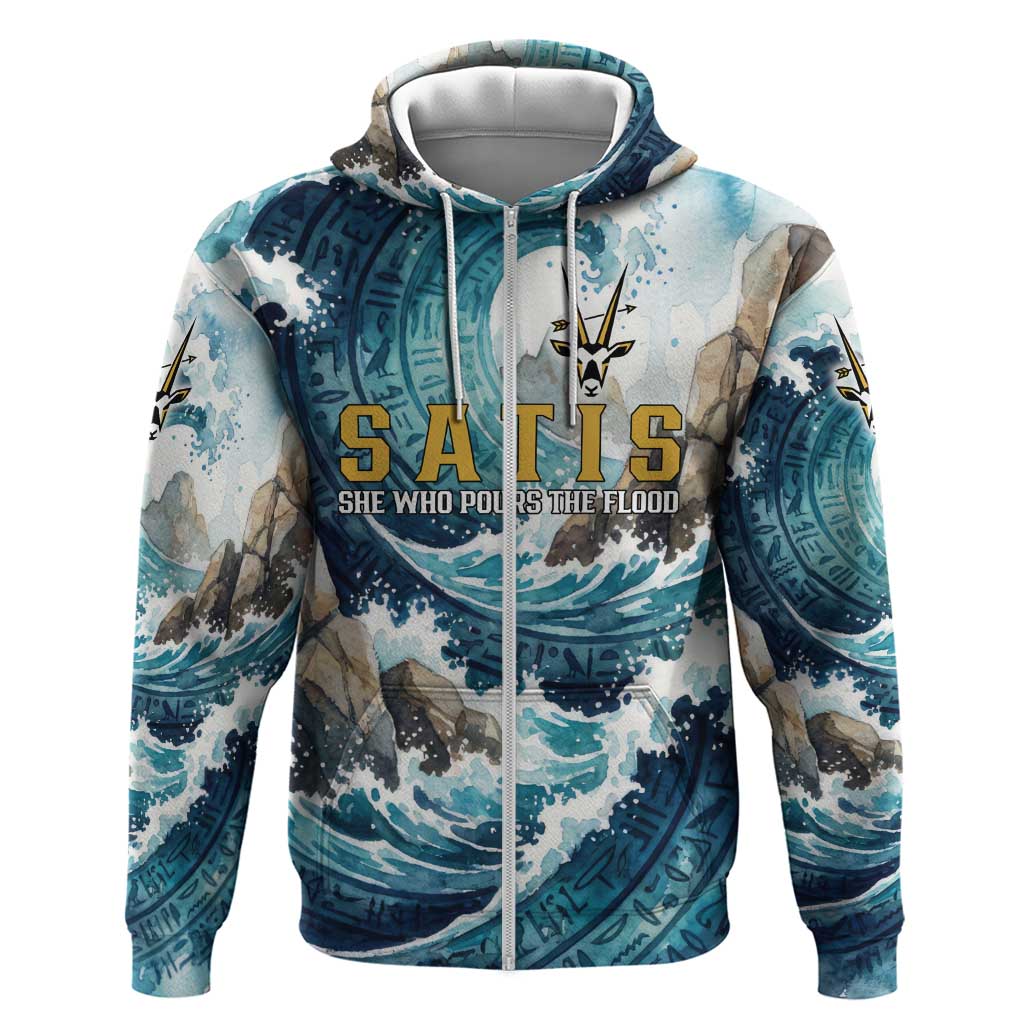 Satis Water Torrent Zip Hoodie with Egyptian Flood Symbolism in Oceanic Blue Tones
