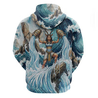 Satis Water Torrent Zip Hoodie with Egyptian Flood Symbolism in Oceanic Blue Tones