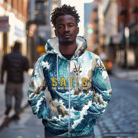 Satis Water Torrent Zip Hoodie with Egyptian Flood Symbolism in Oceanic Blue Tones