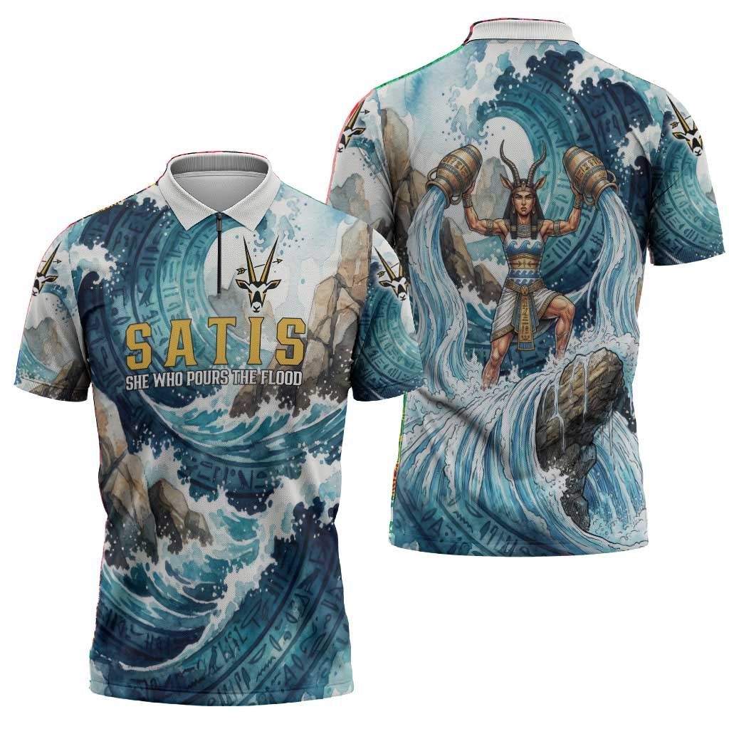 Satis Water Torrent Zipper Polo Shirt with Egyptian Flood Symbolism in Oceanic Blue Tones