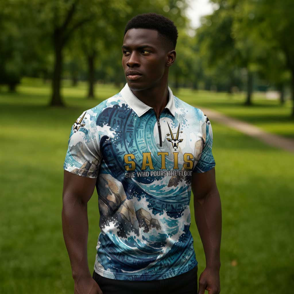 Satis Water Torrent Zipper Polo Shirt with Egyptian Flood Symbolism in Oceanic Blue Tones