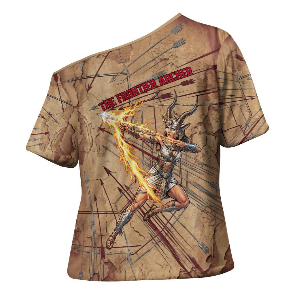 Satis Cross Shoulder Shirt with Fiery Bow and Arrow in Ancient Egyptian Warrior