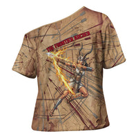 Satis Cross Shoulder Shirt with Fiery Bow and Arrow in Ancient Egyptian Warrior