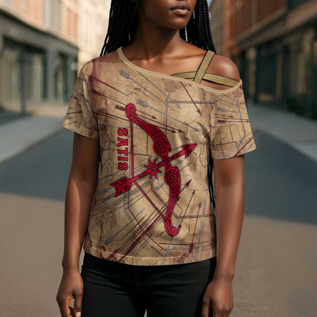 Satis Cross Shoulder Shirt with Fiery Bow and Arrow in Ancient Egyptian Warrior