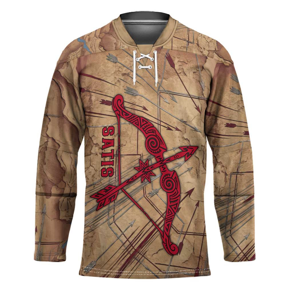 Satis Hockey Jersey with Fiery Bow and Arrow in Ancient Egyptian Warrior