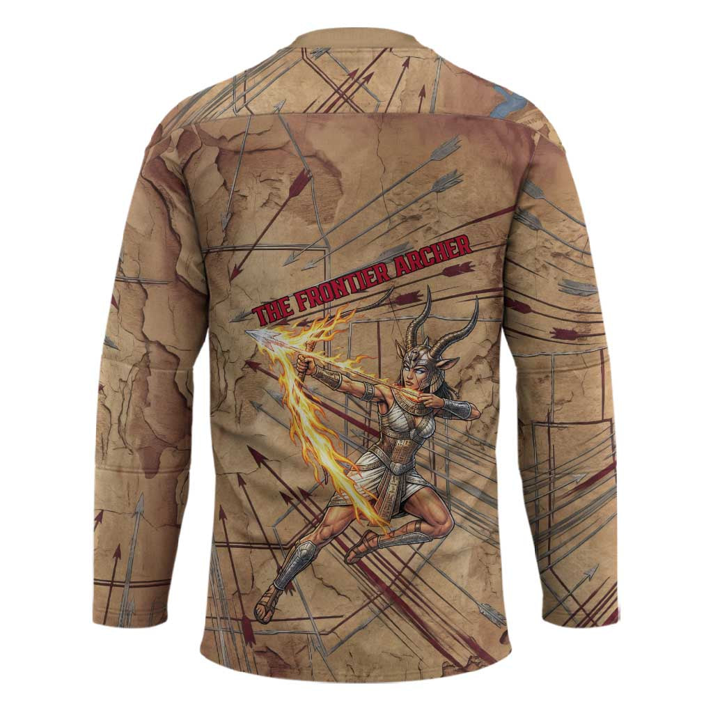 Satis Hockey Jersey with Fiery Bow and Arrow in Ancient Egyptian Warrior