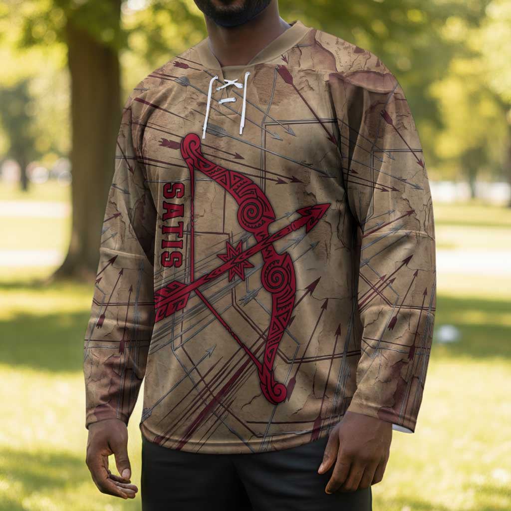Satis Hockey Jersey with Fiery Bow and Arrow in Ancient Egyptian Warrior