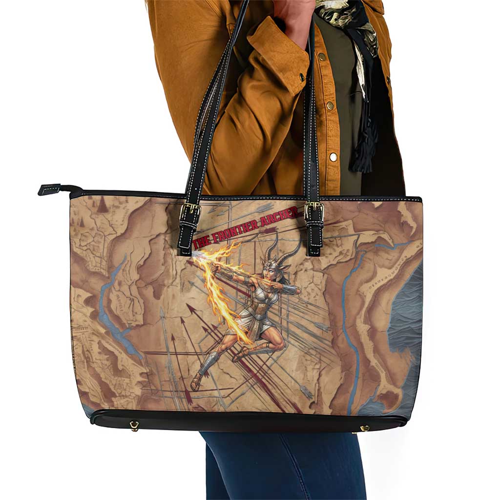 Satis Leather Tote Bag with Fiery Bow and Arrow in Ancient Egyptian Warrior