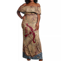 Satis Off Shoulder Maxi Dress with Fiery Bow and Arrow in Ancient Egyptian Warrior