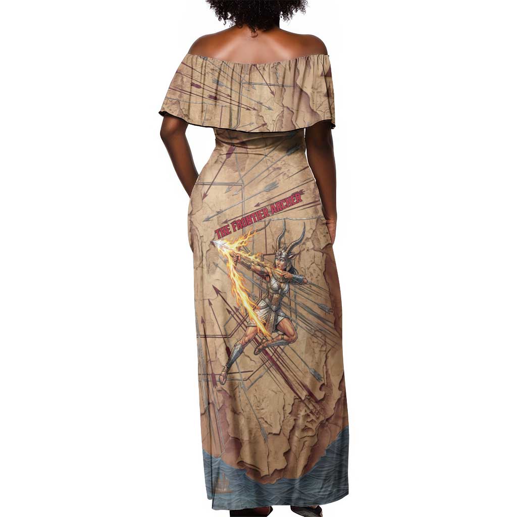 Satis Off Shoulder Maxi Dress with Fiery Bow and Arrow in Ancient Egyptian Warrior