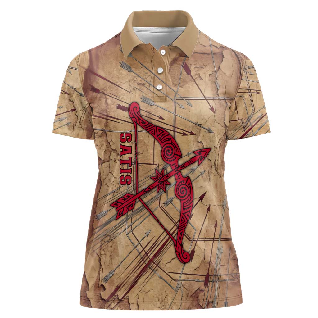 Satis Women Polo Shirt with Fiery Bow and Arrow in Ancient Egyptian Warrior
