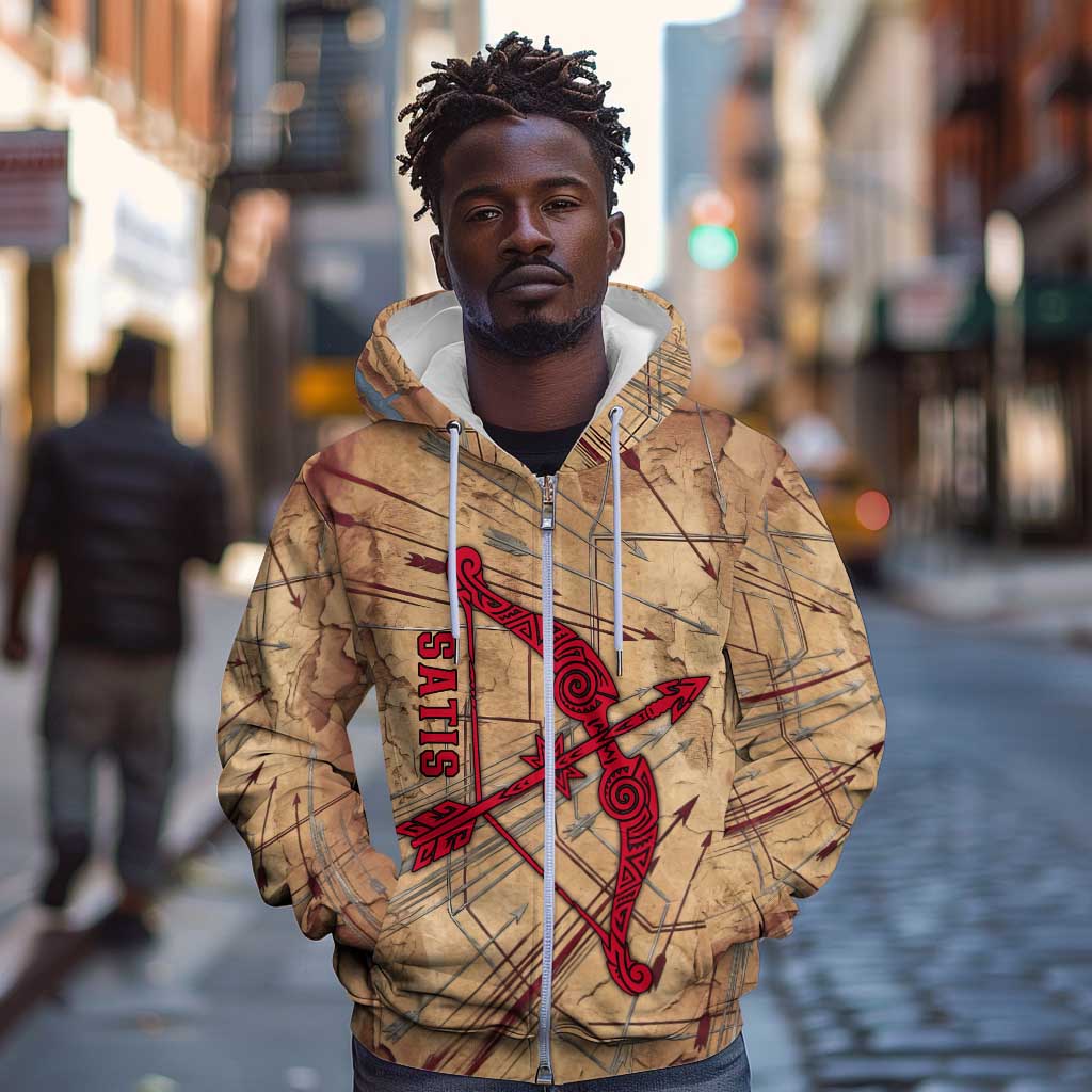 Satis Zip Hoodie with Fiery Bow and Arrow in Ancient Egyptian Warrior