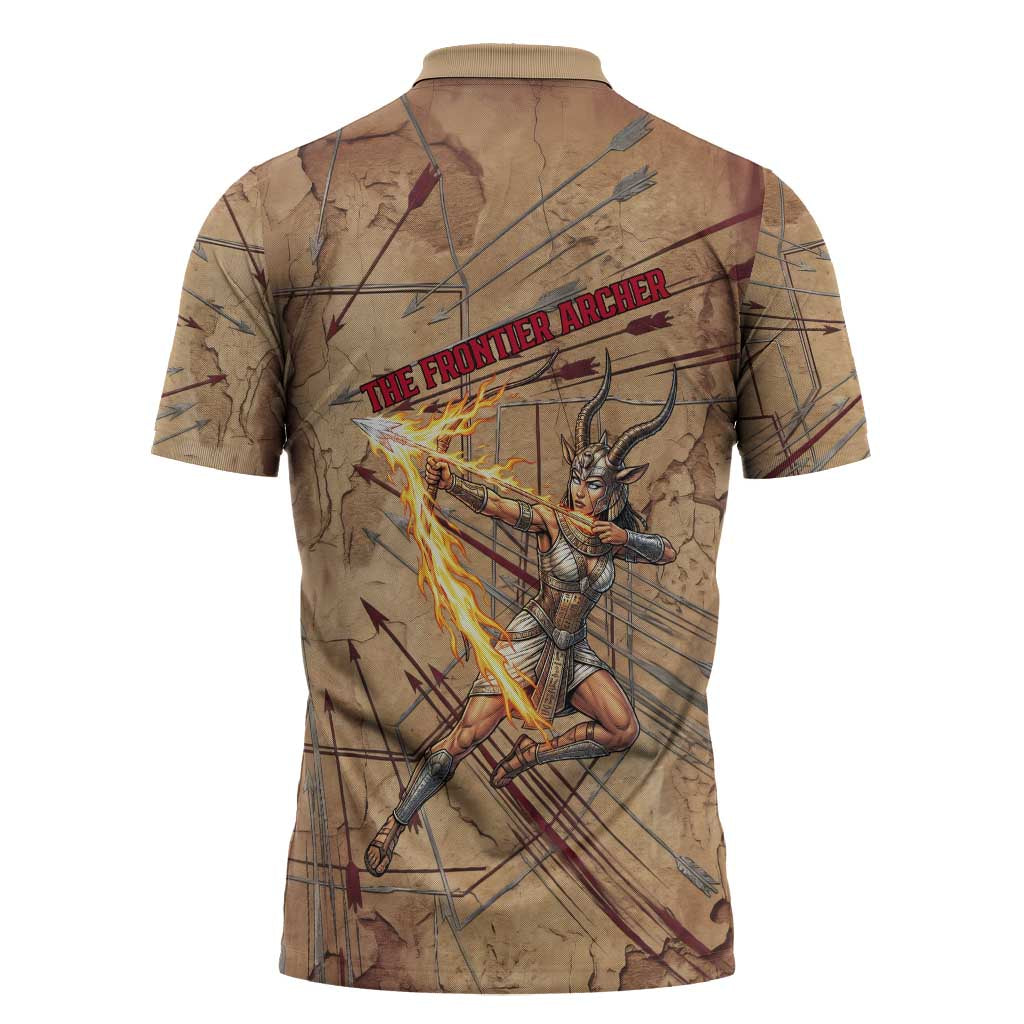 Satis Zipper Polo Shirt with Fiery Bow and Arrow in Ancient Egyptian Warrior