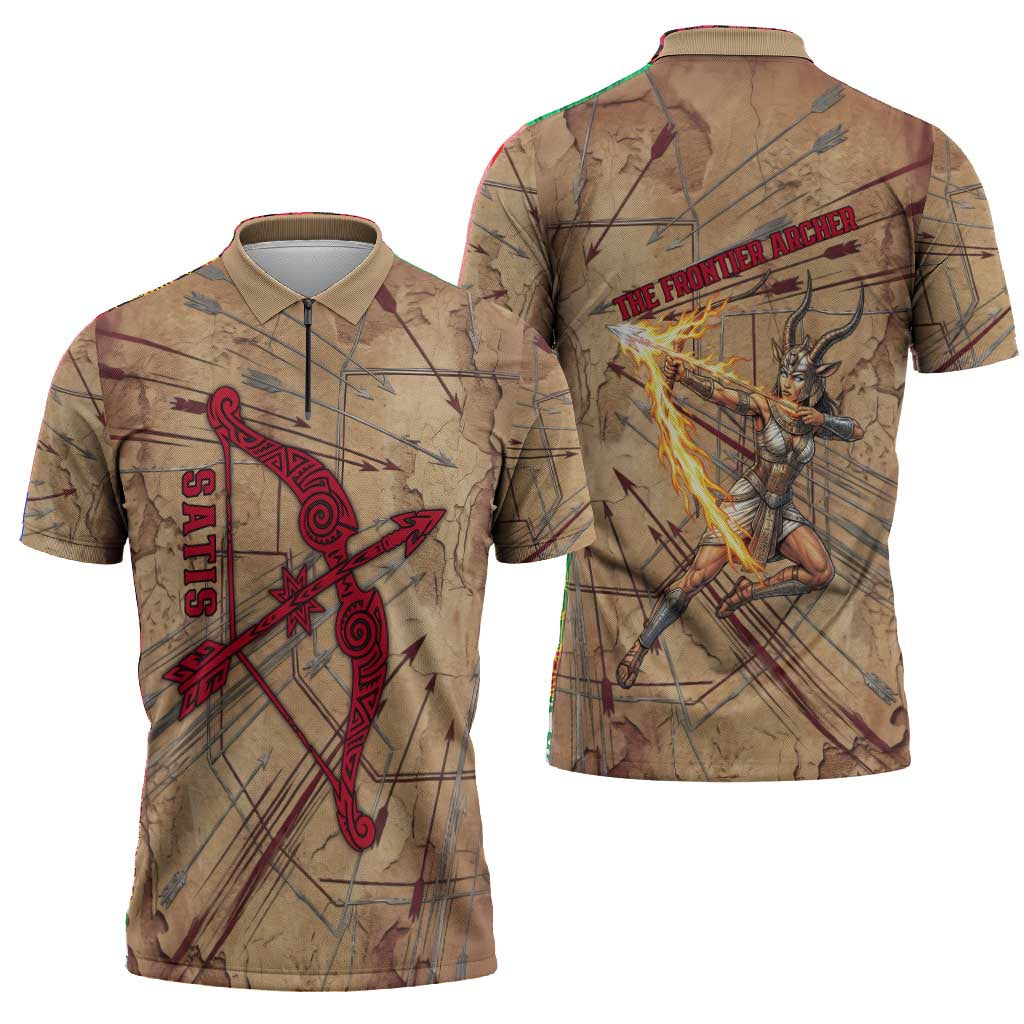 Satis Zipper Polo Shirt with Fiery Bow and Arrow in Ancient Egyptian Warrior