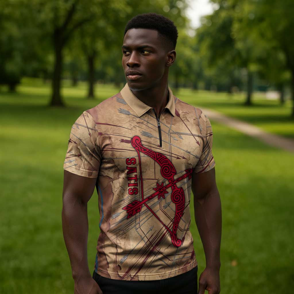 Satis Zipper Polo Shirt with Fiery Bow and Arrow in Ancient Egyptian Warrior