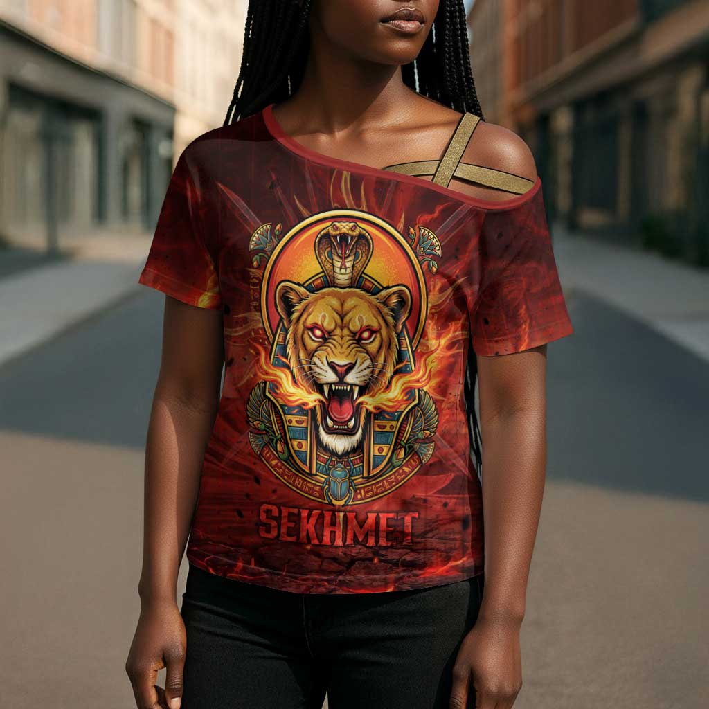 Sekhmet Cross Shoulder Shirt Egyptian Fiery Lioness Head and Ancient Warrior