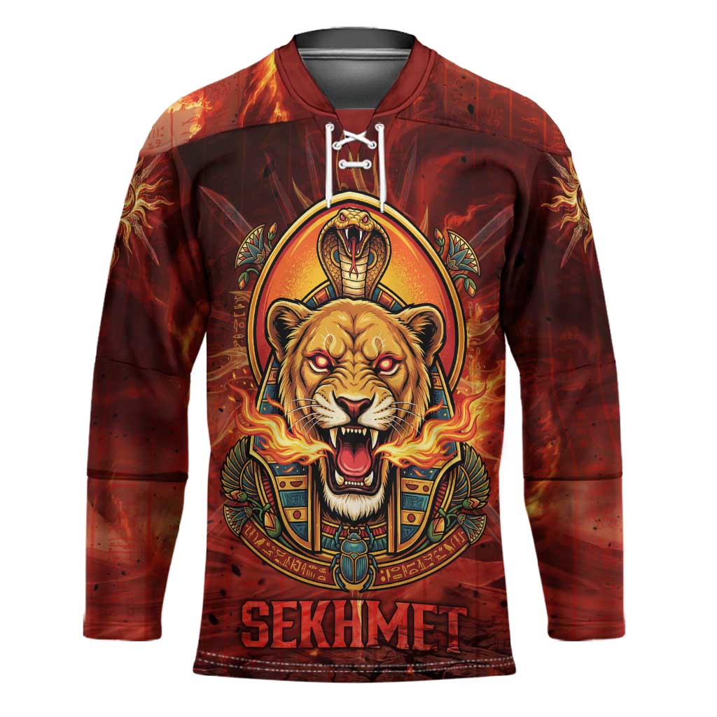 Sekhmet Hockey Jersey Egyptian Fiery Lioness Head and Ancient Warrior