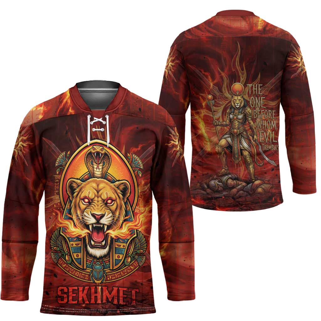 Sekhmet Hockey Jersey Egyptian Fiery Lioness Head and Ancient Warrior