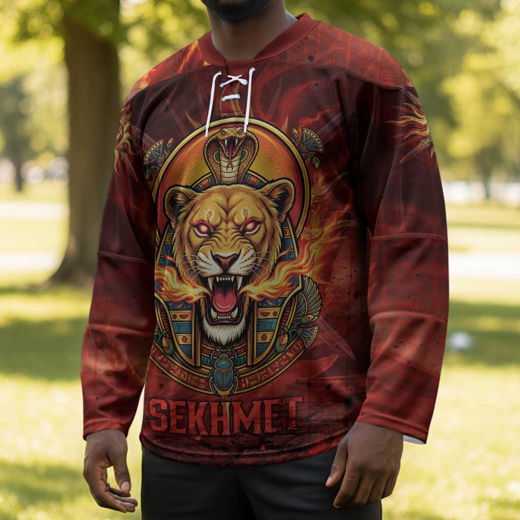 Sekhmet Hockey Jersey Egyptian Fiery Lioness Head and Ancient Warrior