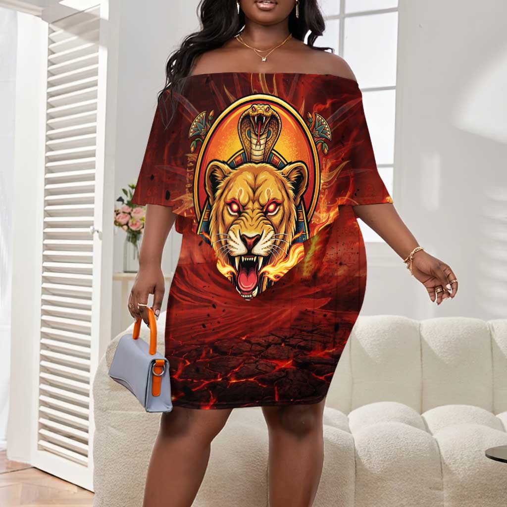 Sekhmet Off Shoulder Short Dress Egyptian Fiery Lioness Head and Ancient Warrior