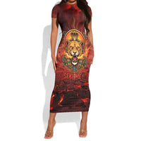 Sekhmet Short Sleeve Bodycon Dress Egyptian Fiery Lioness Head and Ancient Warrior
