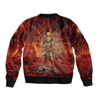 Sekhmet Sleeve Zip Bomber Jacket Egyptian Fiery Lioness Head and Ancient Warrior