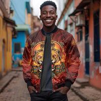 Sekhmet Sleeve Zip Bomber Jacket Egyptian Fiery Lioness Head and Ancient Warrior