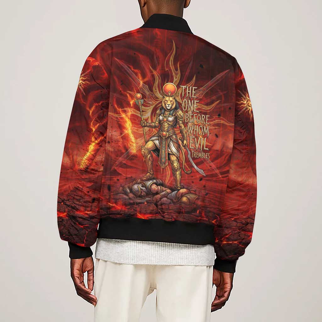 Sekhmet Sleeve Zip Bomber Jacket Egyptian Fiery Lioness Head and Ancient Warrior