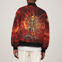 Sekhmet Sleeve Zip Bomber Jacket Egyptian Fiery Lioness Head and Ancient Warrior