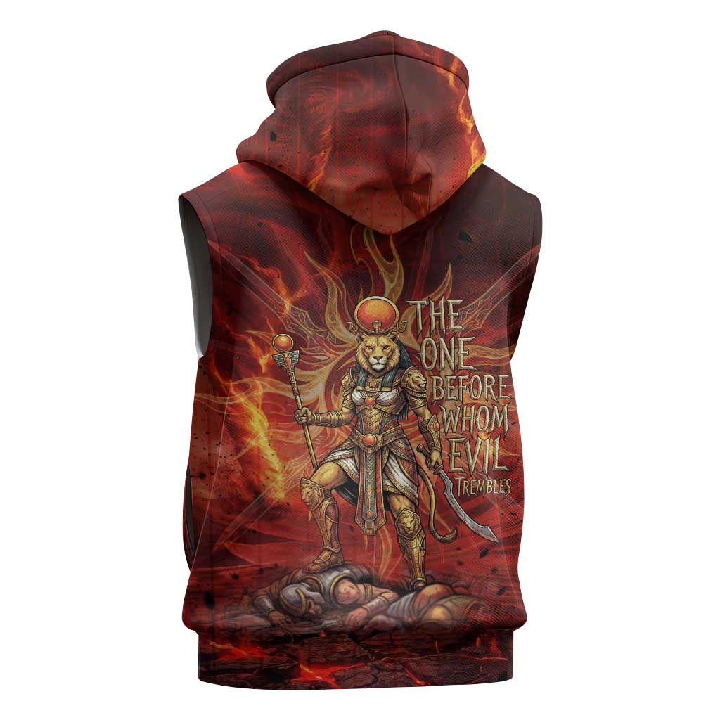 Sekhmet Sleeveless Hoodie Egyptian Fiery Lioness Head and Ancient Warrior