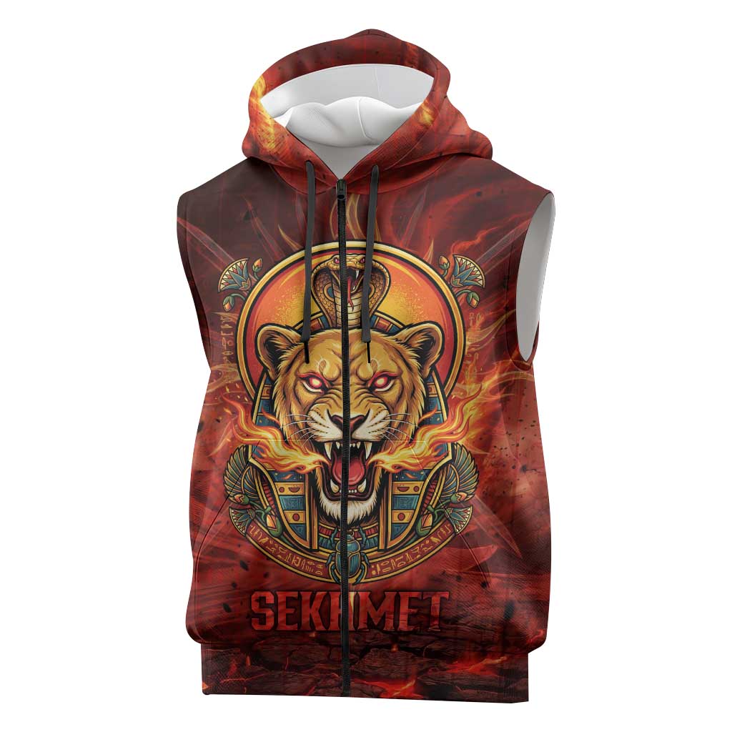 Sekhmet Sleeveless Zip Hoodie Egyptian Fiery Lioness Head and Ancient Warrior