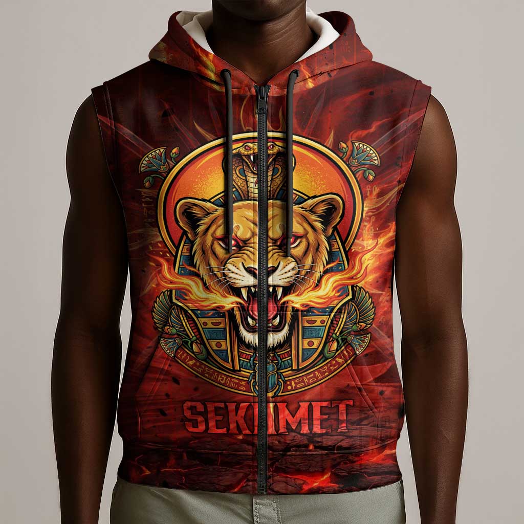 Sekhmet Sleeveless Zip Hoodie Egyptian Fiery Lioness Head and Ancient Warrior