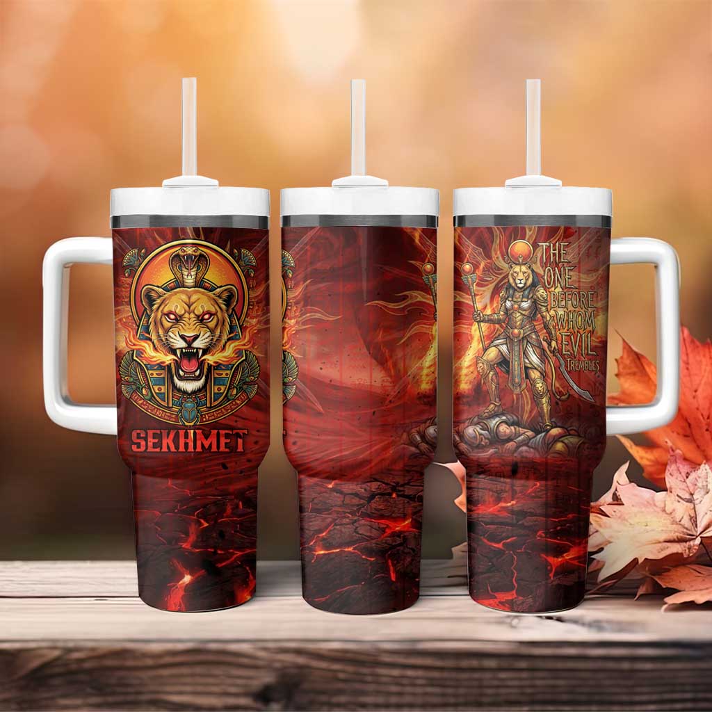 Sekhmet Tumbler With Handle Egyptian Fiery Lioness Head and Ancient Warrior
