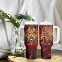 Sekhmet Tumbler With Handle Egyptian Fiery Lioness Head and Ancient Warrior