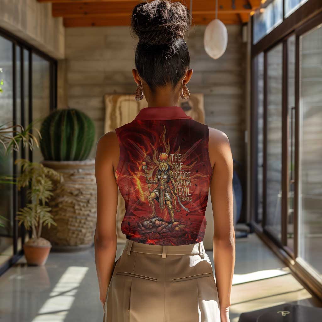 Sekhmet Women Sleeveless Polo Shirt Egyptian Fiery Lioness Head and Ancient Warrior