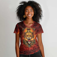 Sekhmet Women V-Neck T-Shirt Egyptian Fiery Lioness Head and Ancient Warrior