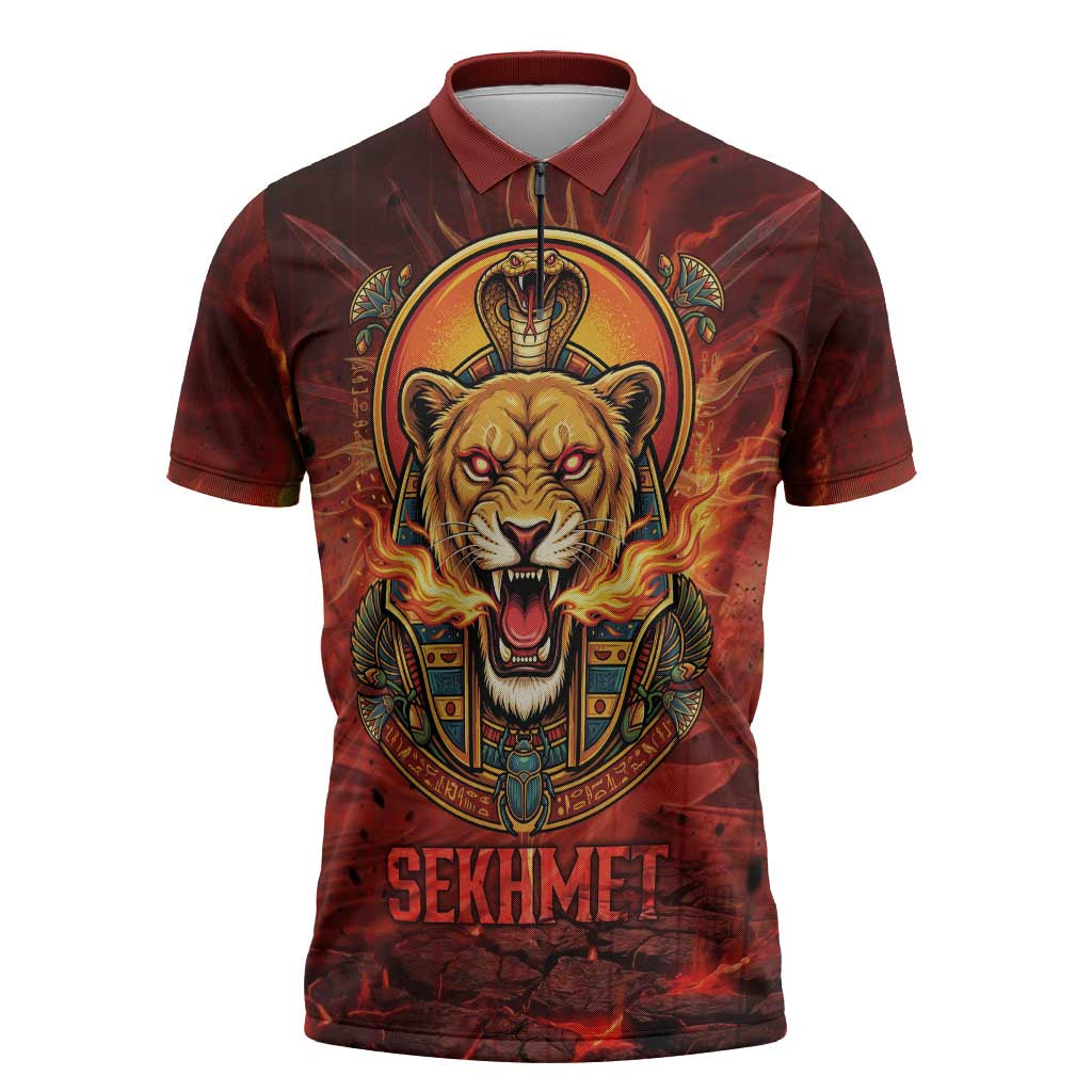 Sekhmet Zipper Polo Shirt Egyptian Fiery Lioness Head and Ancient Warrior