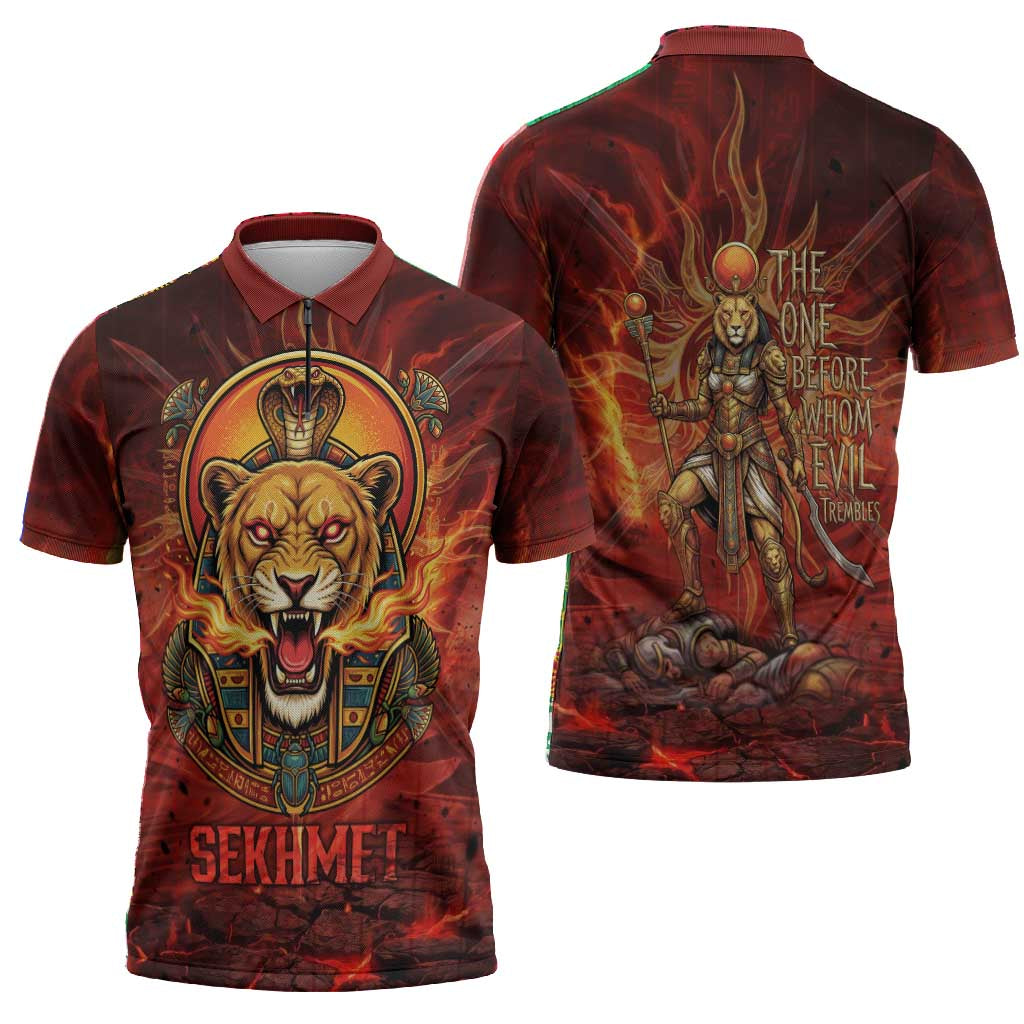 Sekhmet Zipper Polo Shirt Egyptian Fiery Lioness Head and Ancient Warrior