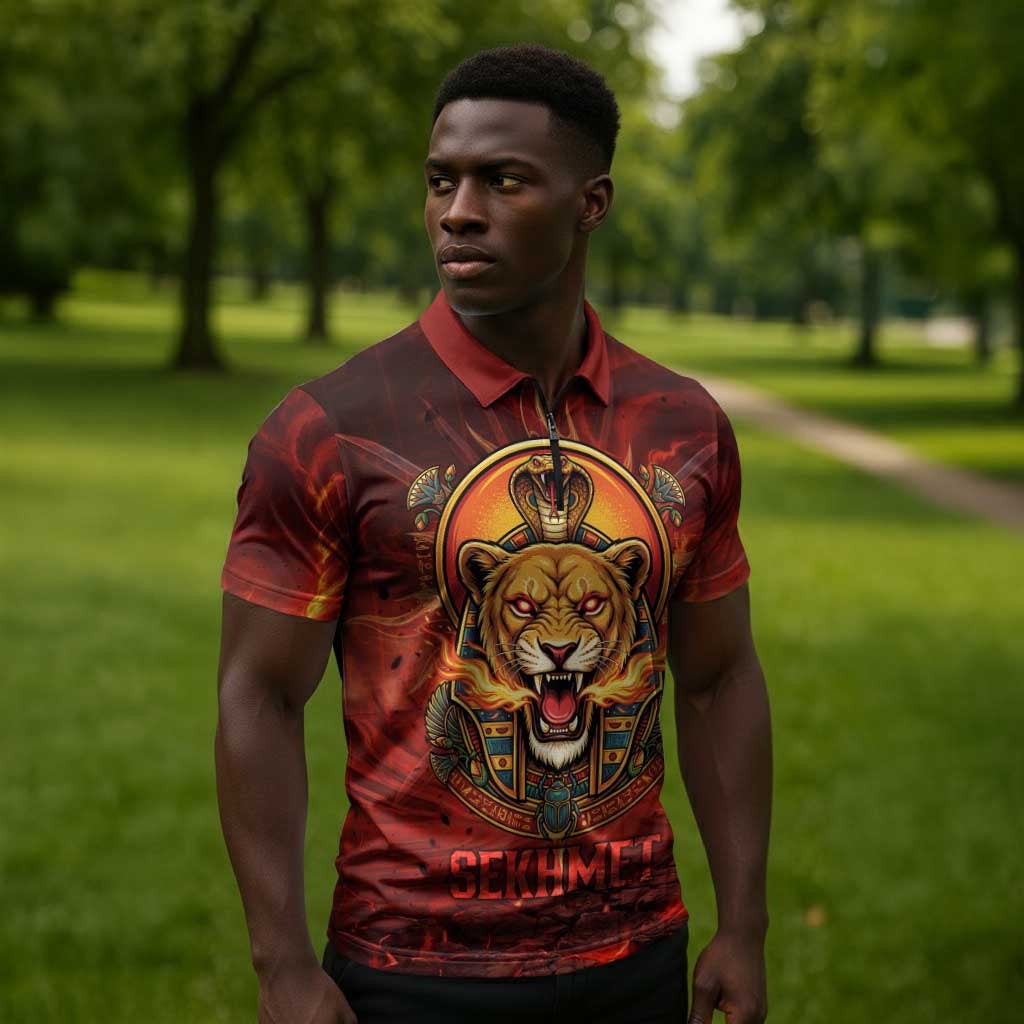 Sekhmet Zipper Polo Shirt Egyptian Fiery Lioness Head and Ancient Warrior