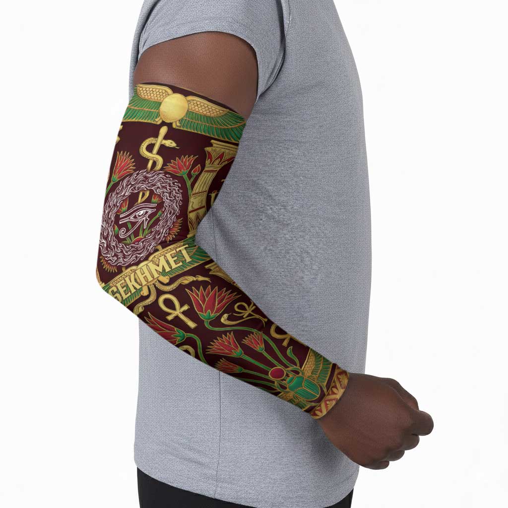 Sekhmet Arm Sleeves with Eye of Ra and Sacred Lion Symbol in Egyptian Healer