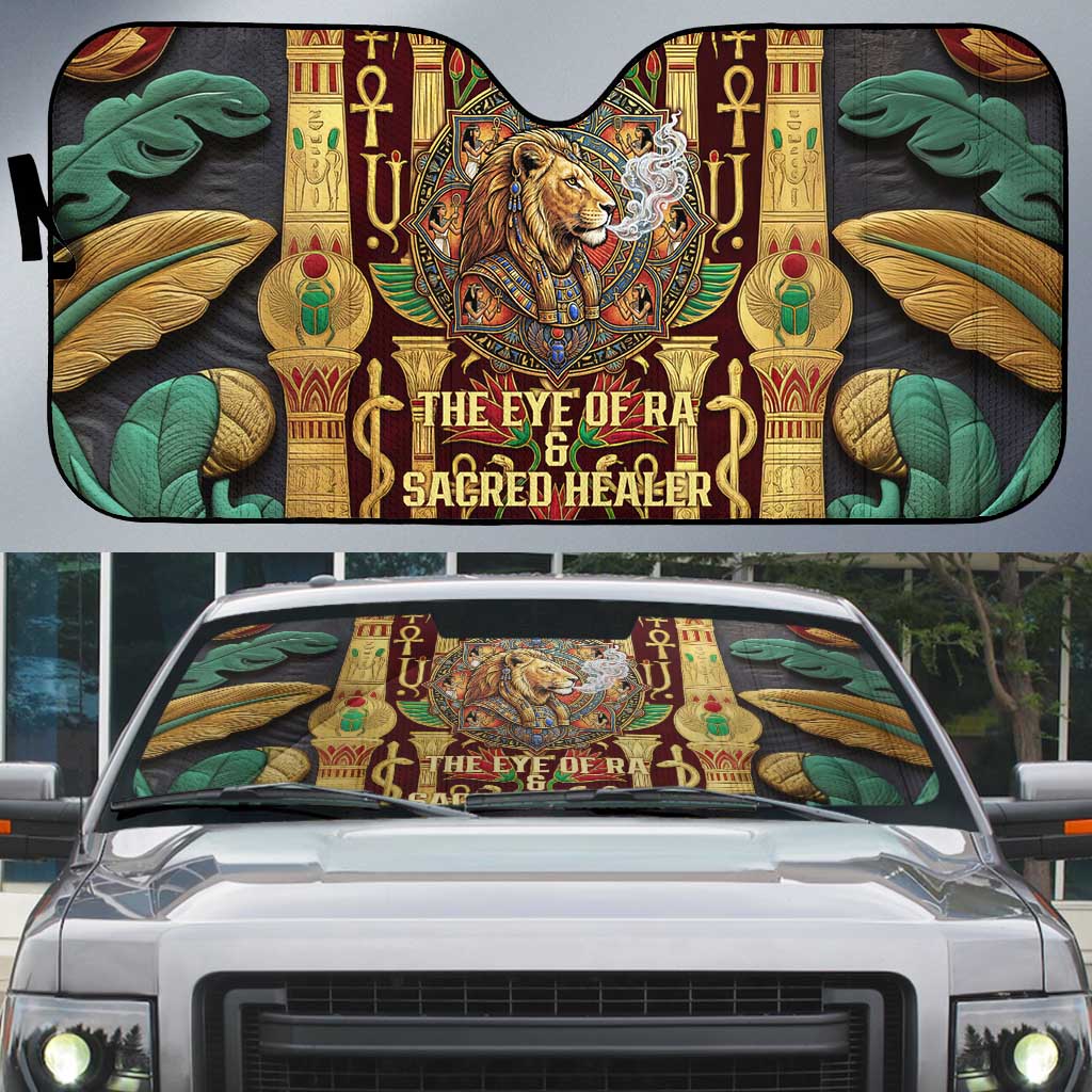 Sekhmet Auto Sun Shade with Eye of Ra and Sacred Lion Symbol in Egyptian Healer