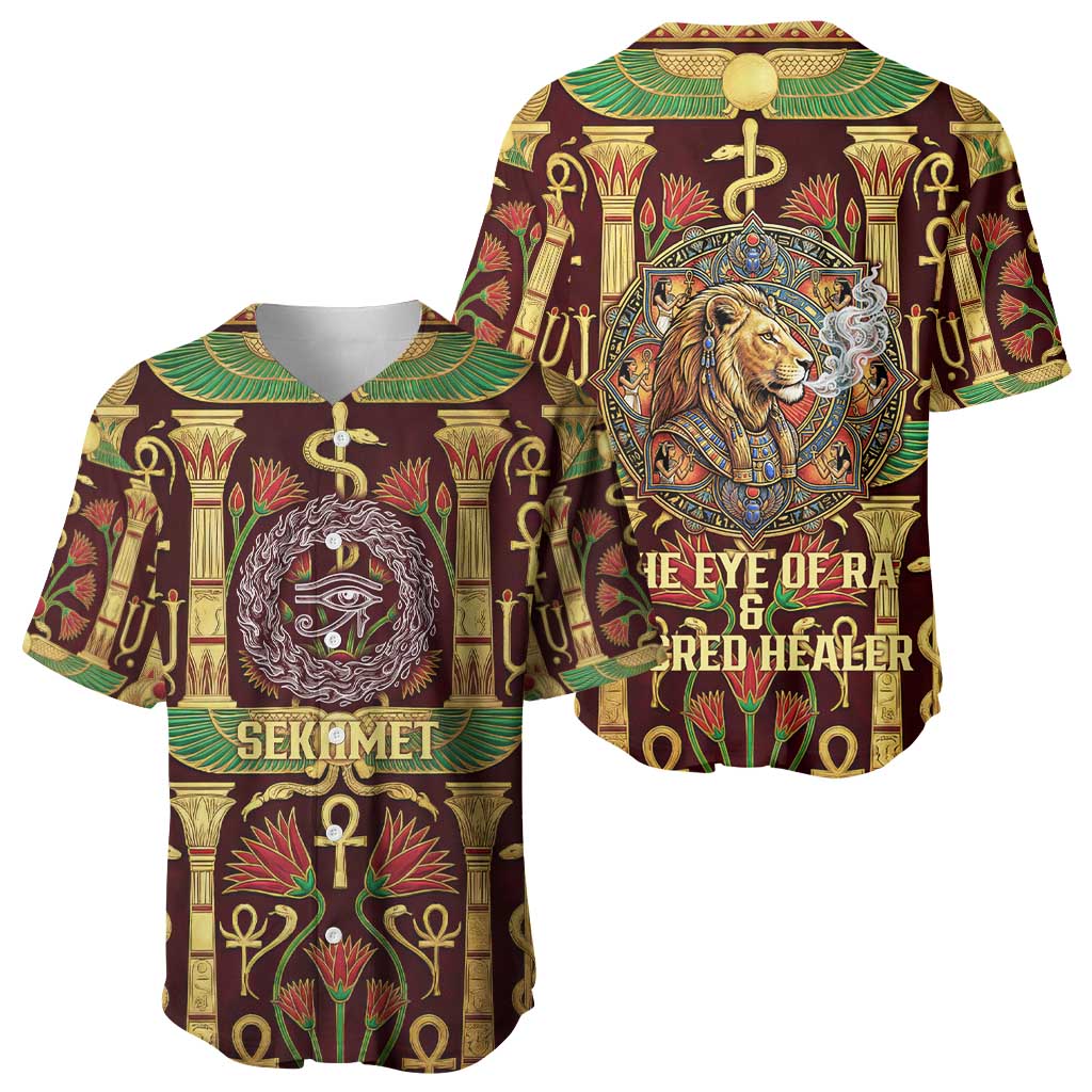 Sekhmet Baseball Jersey with Eye of Ra and Sacred Lion Symbol in Egyptian Healer