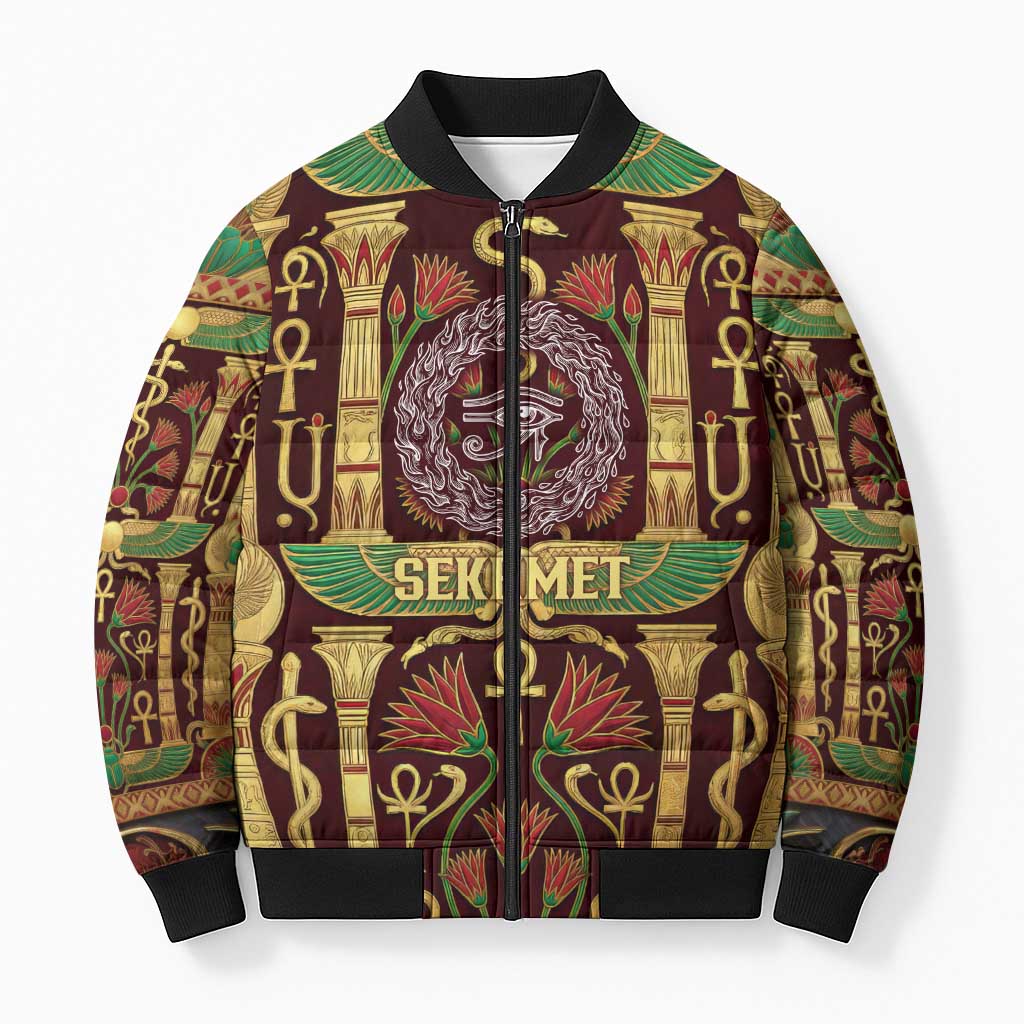 Sekhmet Bomber Puffer Jacket with Eye of Ra and Sacred Lion Symbol in Egyptian Healer