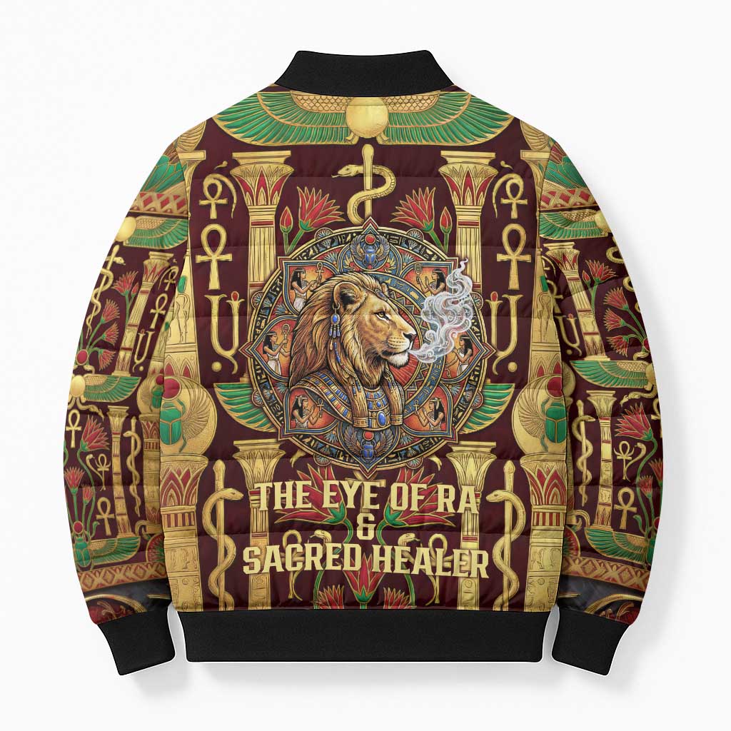 Sekhmet Bomber Puffer Jacket with Eye of Ra and Sacred Lion Symbol in Egyptian Healer